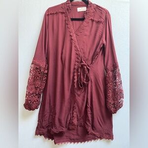 Ayesha Somaya Maroon Lace Trim Wrap Tunic Mini Dress Size L